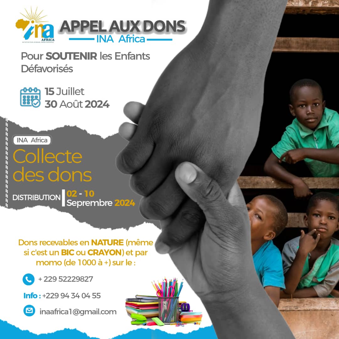 Pour une égalité de chance pour tous à la rentrée scolaire 2024-2025: L’ONG INA-AFRICA lance un appel aux dons pour les enfants défavorisés